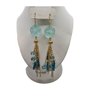 Pierced Carved Rose Earrings Shoulders Dusters Light Blue Gold Tone 5" L Vintage